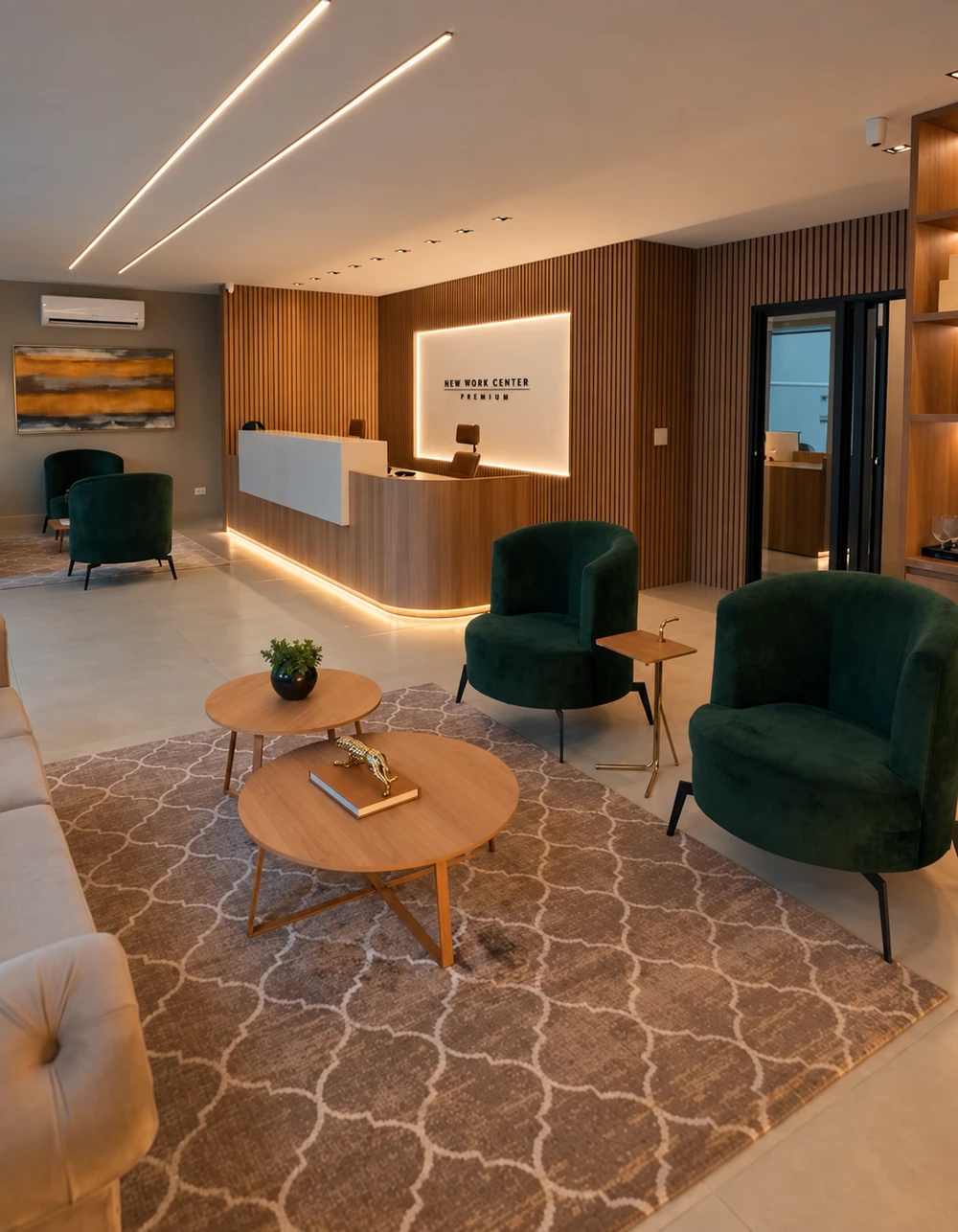 Hall do evento no New Work Center Premium, com balcão de recepção iluminado, painel de madeira, poltronas verdes e mesas de centro.